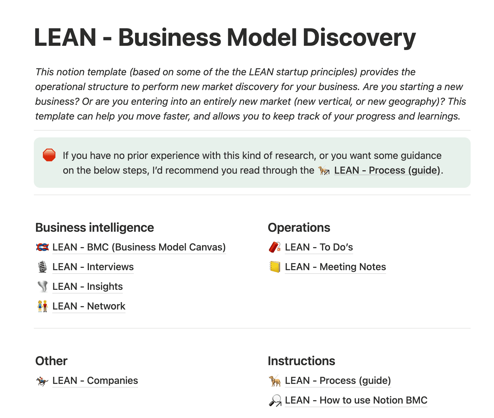 A Lean Business Model Discovery template in Notion
