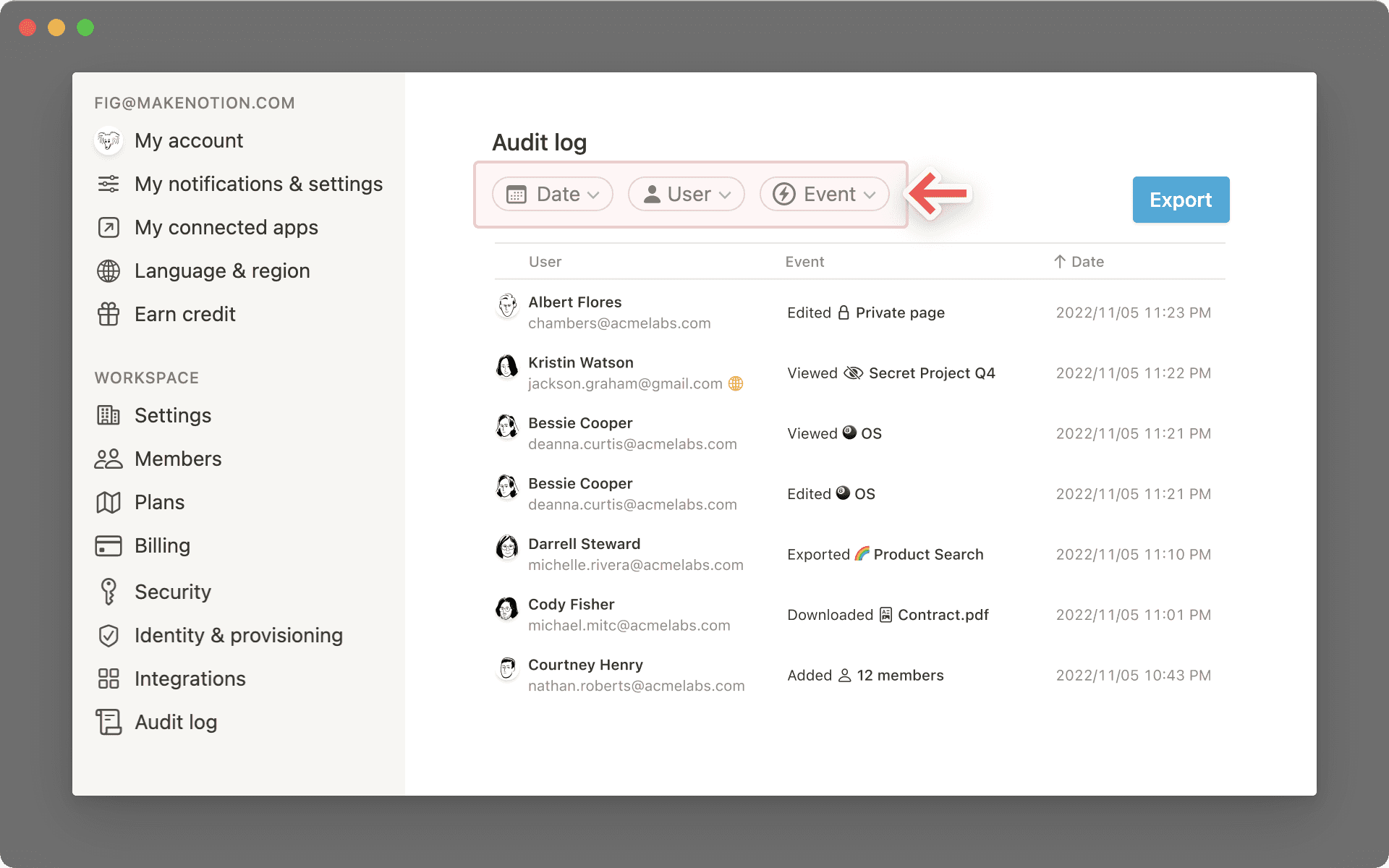 Filtro del registro de auditoría